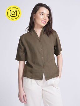 Saltpetre - Women Solid Olive Organic Cotton Wrap Collar Shirt
