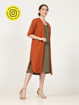 Saltpetre - Women Organic Cotton Rust Solid Open Front Long Shrug