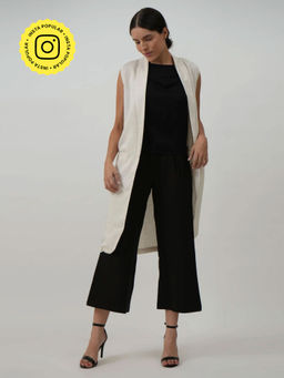 Saltpetre - Women Solid Tencel White Shawl Collar Long Vest Overcoat