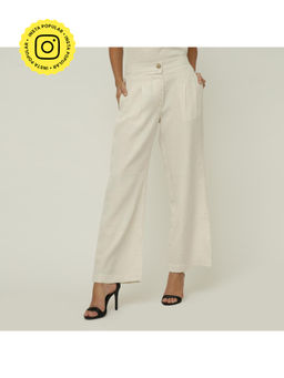 Saltpetre - Women Solid Off White Tencel Wide Leg Trouser