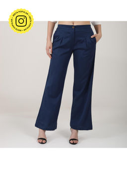 Saltpetre - Women Solid Navy Tencel Wide Leg Trouser