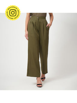 Saltpetre - Women Solid Olive Tencel Wide Leg Trouser