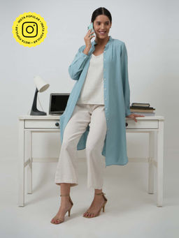 Saltpetre - Women Solid Blue Mandarin Neck With Front Buttons Overlay
