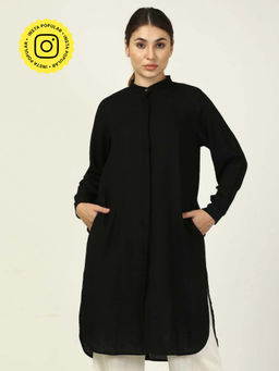 Saltpetre - Women Solid Black Mandarin Neck With Front Buttons Overlay
