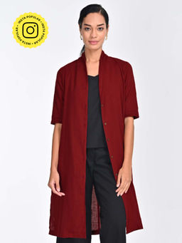Saltpetre - Women Solid Maroon Organic Cotton Draped Neck Collar Overlay
