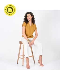 Saltpetre - Women Solid Mustard V-Neck Top With Cream Pant (Set of 2)