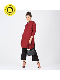 Saltpetre - Women Solid Maroon Close Mandarin Neck Tunic With Coffee Wide Leg Pant (Set of 2)