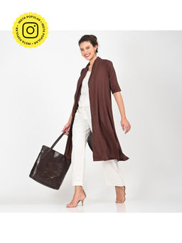 Saltpetre - Women Solid Coffee Brown Overlay with Cream Slip and Wide Leg Pant (Set of 3)