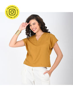 Saltpetre - Women Modal Mustard Solid V Neck Short Sleeve Top