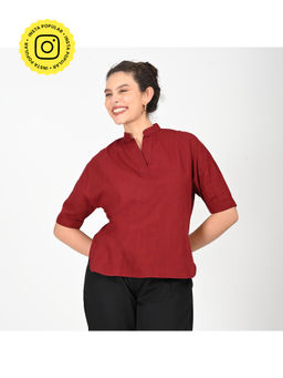 Saltpetre - Women Solid Organic Cotton Dropped Shoulder Band Collar Top