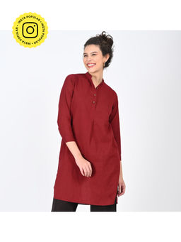 Saltpetre - Women Solid Organic Cotton Maroon Close Mandarin Neck Tunic