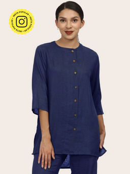 Saltpetre - Women Solid Linen Navy Round Neck Tunic with Belt (Set of 2)