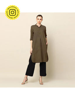 Saltpetre - Women Solid Olive Organic Cotton Mandarin Neck Pleated Tunic