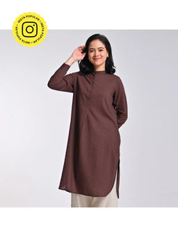 Saltpetre - Women Solid Coffee Purple Organic Cotton Mandarin Neck Pleated Tunic
