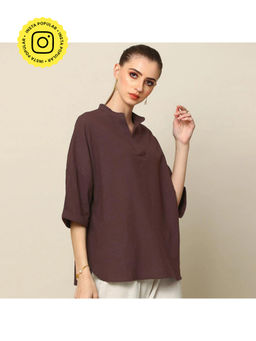Saltpetre - Women Solid Coffee Brown Organic Cotton Mandarin Collar Top