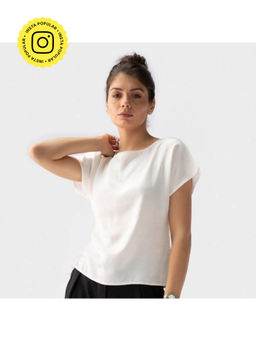 Saltpetre - Women Tencel Solid White Boat Neck With Short Dolman Sleeves Top