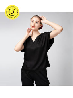 Saltpetre - Women Modal Solid Black V-Neck With Short Dolman Sleeves Top