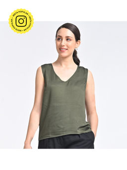 Saltpetre - Women Modal Olive Solid V-Neck Sleeveless Top