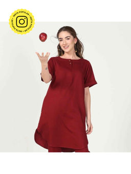 Saltpetre - Women Solid Tencel Maroon Boat Neck Knee Length Tunic