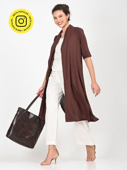 Saltpetre - Women Solid Coffee Brown Linen High Neck Collar Overlay