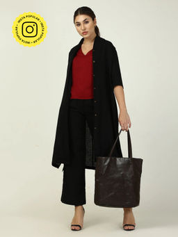 Saltpetre - Women Solid Black Linen High Neck Collar Overlay