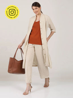 Saltpetre - Women Solid Beige Linen High Neck Collar Overlay