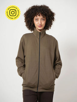 Saltpetre - Brown High Neck Front Zip Bomber Jacket