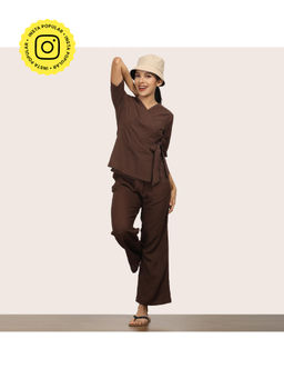 Saltpetre - Brown Solid Side Tie-Up Detail Wrap Top with Straight Fit Pant (Set of 2)