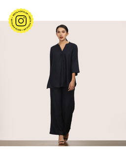 Saltpetre - Navy Blue Solid Pleated Tunic with Pant (Set of 2)
