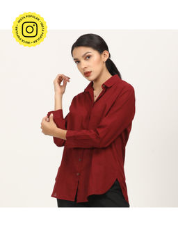 Saltpetre - Women Maroon Full Sleeves Relaxed Button Down Shirt