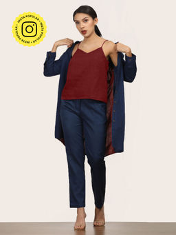 Saltpetre - Women Navy Blue and Maroon Color Block Small Collar Long Shirt Overlay