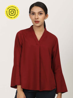 Saltpetre - Women Maroon Bell Sleeve V Neck Top