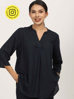 Saltpetre - Women Navy Blue Linen Split V Neck Tunic