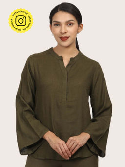 Saltpetre - Women Olive Mandarin Neck Bell Sleeve Tunic