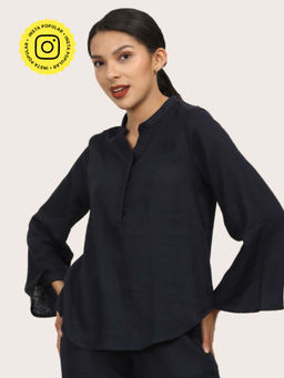 Saltpetre - Women Navy Blue Mandarin Neck Bell Sleeve Tunic