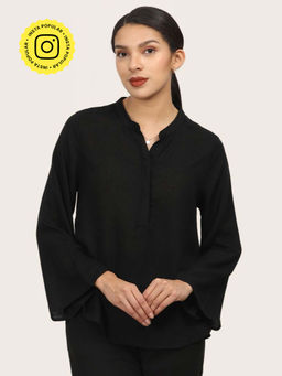 Saltpetre - Women Black Mandarin Neck Bell Sleeve Tunic