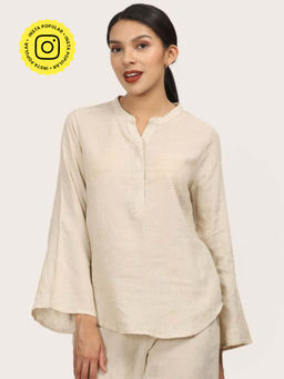 Saltpetre - Women Beige Mandarin Neck Bell Sleeve Tunic
