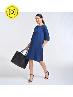 Saltpetre - Women Solid Navy Blue Boat Neck Knee Length Dress