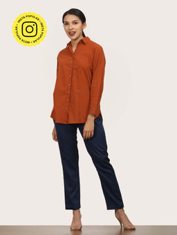 Saltpetre - Women Rust Relaxed Button Down Shirt With Navy Tapered Pant (Set of 2)