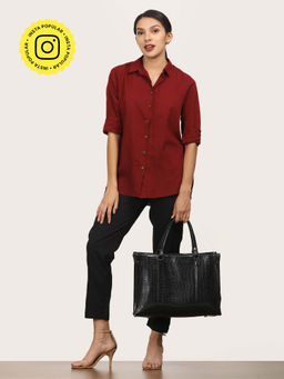 Saltpetre - Women Maroon Relaxed Button Down Shirt With Navy Tapered Pant (Set of 2)