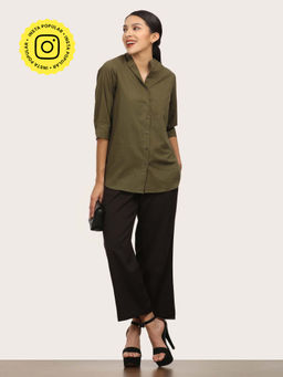 Saltpetre - Women Olive Mandarin Neck Shirt With Coffee Wide Leg Pant (Set of 2)