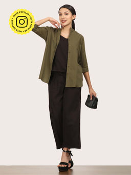 Saltpetre - Women Olive Mandarin Neck Overshirt With Coffee Slip top And Pant (Set of 3)