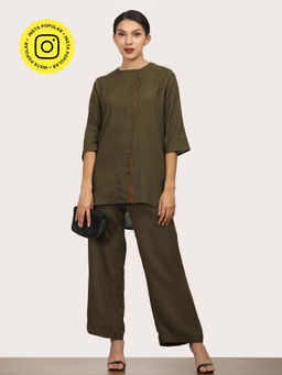 Saltpetre - Women Olive Round Neck Full Sleeves Co-Ord (Set of 2)