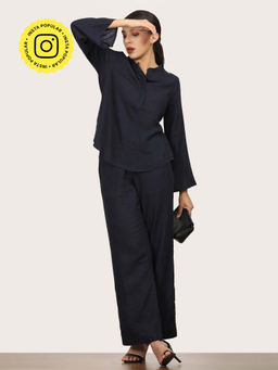 Saltpetre - Women Navy Blue Split Bell Sleeve Co-Ord (Set of 2)