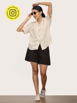 Saltpetre - Women Beige Half Sleeve Cuban Collar Shirt With Shorts (Set of 2)