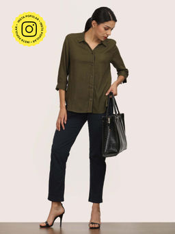 Saltpetre - Women Olive Open Shirt With Straight Leg Pant (Set of 2)