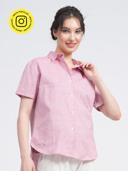 Saltpetre - Women Pink Check Button Down Half Sleeve Shirt