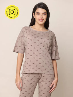 Saltpetre - Women Taupe Printed Comfortable Round Neck T-Shirt