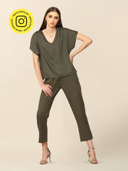 Saltpetre - Olive V-Neck Top with Pant (Set of 2)