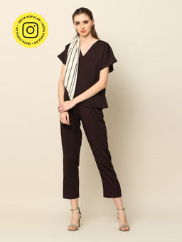 Saltpetre - Coffee Brown Olive V-Neck Top with Pant (Set of 2)